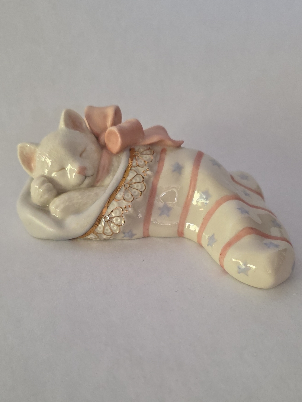 Vintage Lenox Christmas Dreams Porcelain Figurine - Sleeping Kitty in Stocking